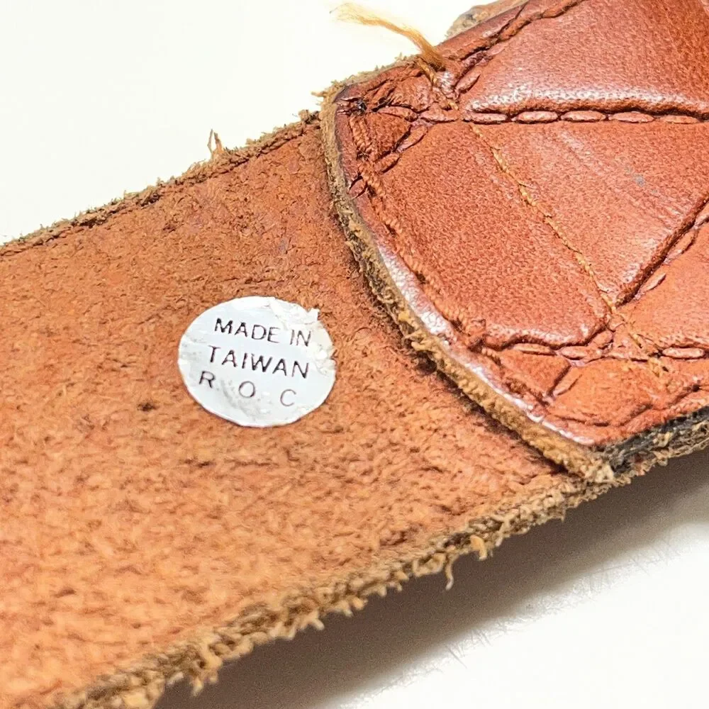 Vtg Tan Brown Leather Belt Mens Womens Size 32 S Quilted Brass Distressed Taiwan